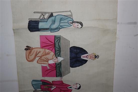 An early 20th century painted silk hand scroll, figures from opera